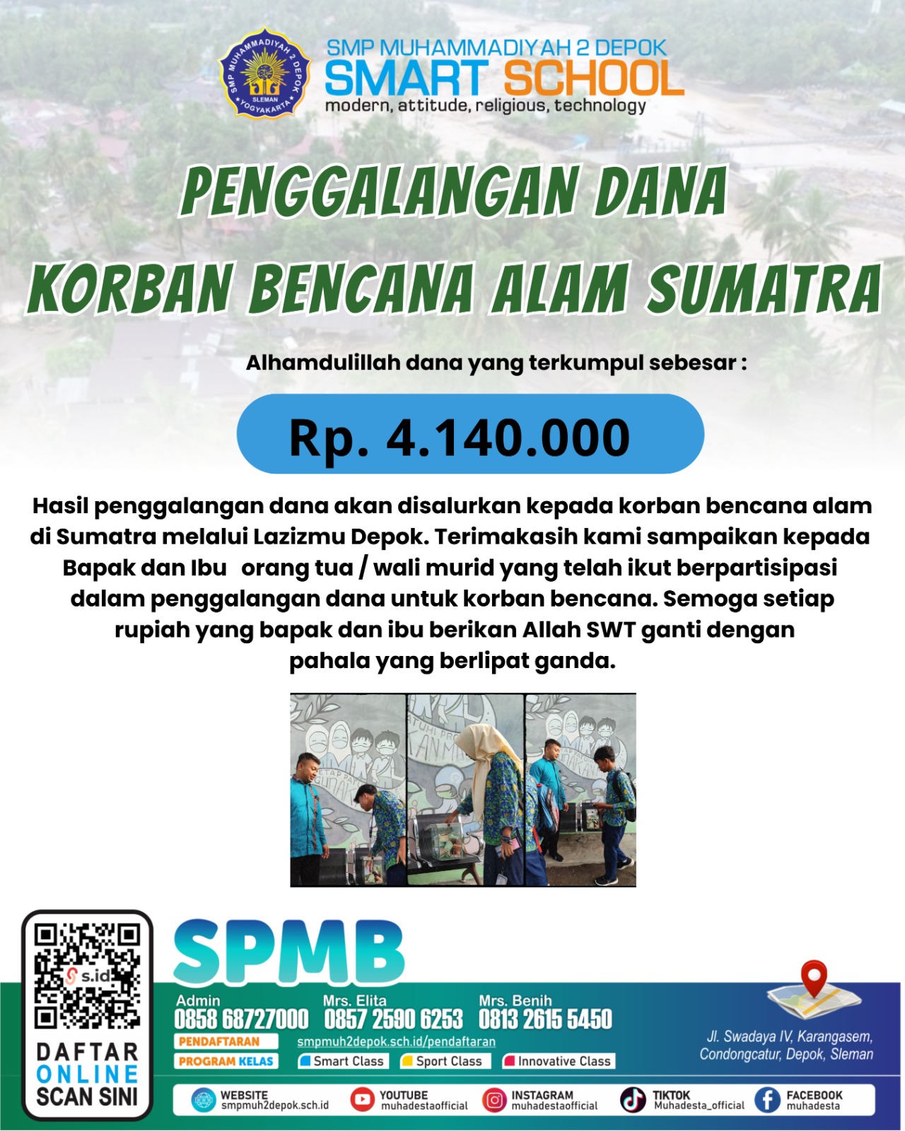 Wujud Kepedulian, SMP Muhammadiyah 2 Depok Berhasil Galang Dana Rp 4,1 Juta untuk Korban Bencana Sumatera Wujud Kepedulian, SMP Muhammadiyah 2 Depok Berhasil Galang Dana Rp 4,1 Juta untuk Korban Bencana Sumatera